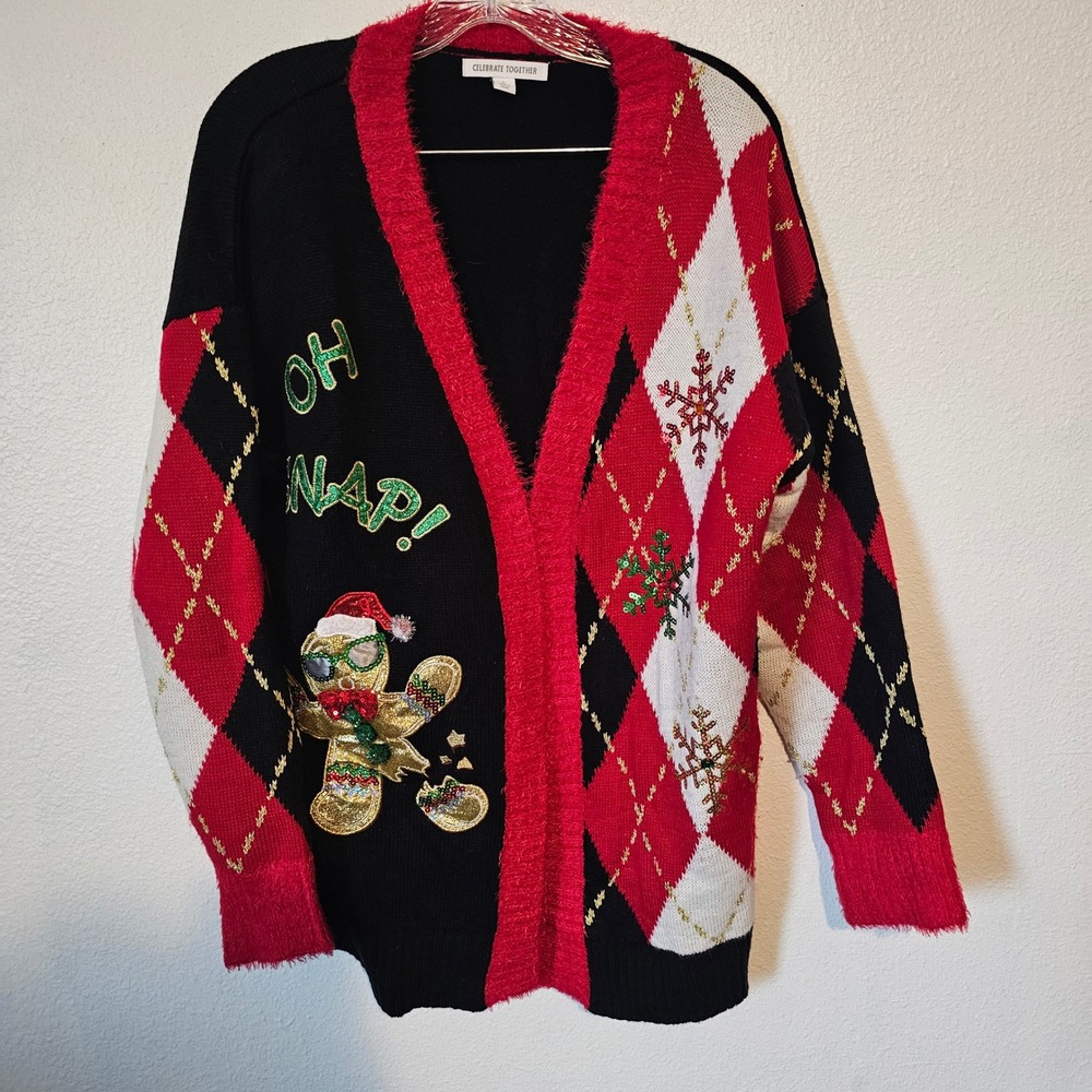 Celebrate Together Oh Snap Gingerbread Holiday Cardigan Red Black Argyle Large